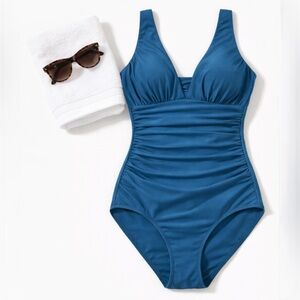 MIRACLESUIT Sea Blue Ruched Tummy Control One Piece Swimsuit Modest Sz 8💛
